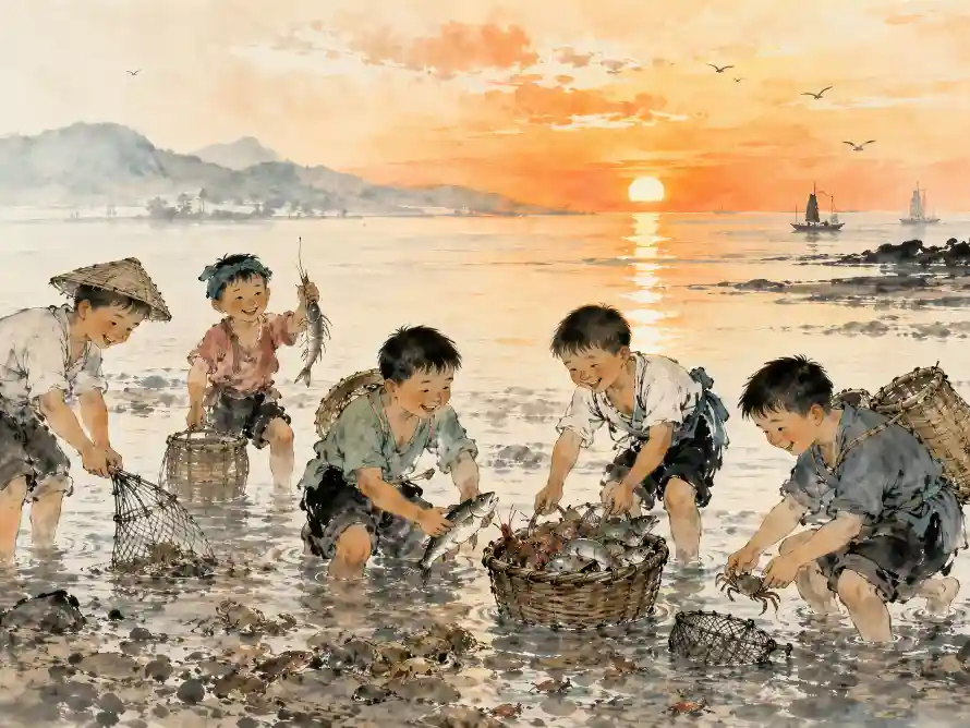 4k国画壁纸 - 夕阳 - 孩童 - 捕鱼「哲风壁纸」 4k国画壁纸 - 夕阳 - 孩童 - 捕鱼「哲风壁纸」