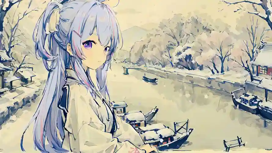 4k冬日壁纸-和服 - 枯树-河道「哲风壁纸」