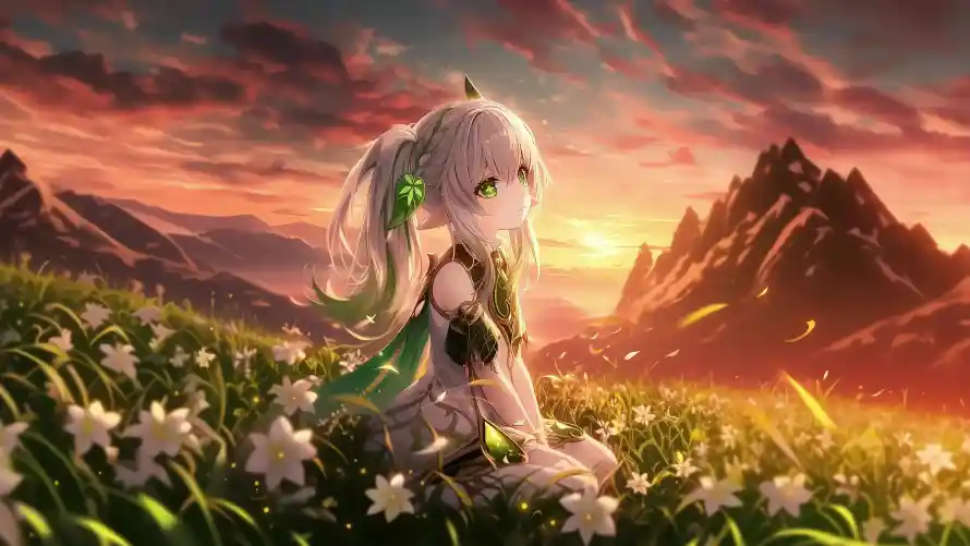 4k原神壁纸-夕阳 - 少女-山峰「哲风壁纸」