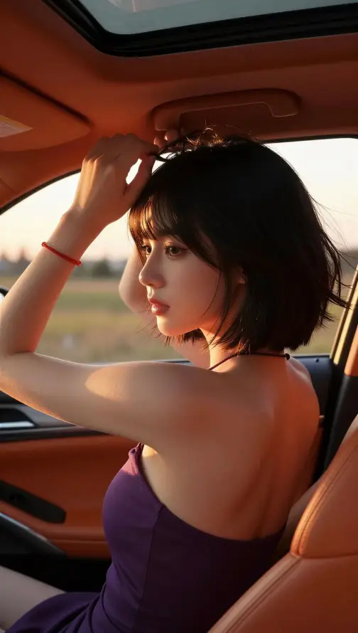 4k侧脸壁纸 - 夕阳 - 美女 - 车内「哲风壁纸」