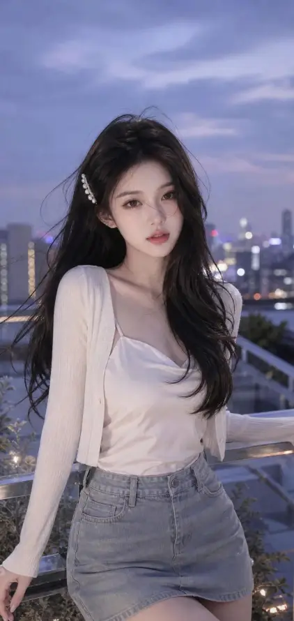 4k天台壁纸 - 暮色 - 美女 - 长发「哲风壁纸」