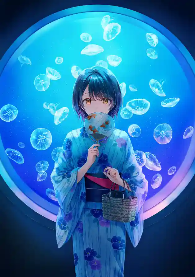 4k和服壁纸 - 折扇 - 梦幻 - 水母「哲风壁纸」