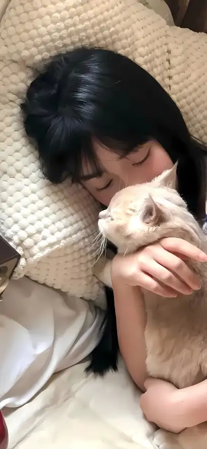 4k女孩壁纸 - 小猫 - 居家 - 床上「哲风壁纸」