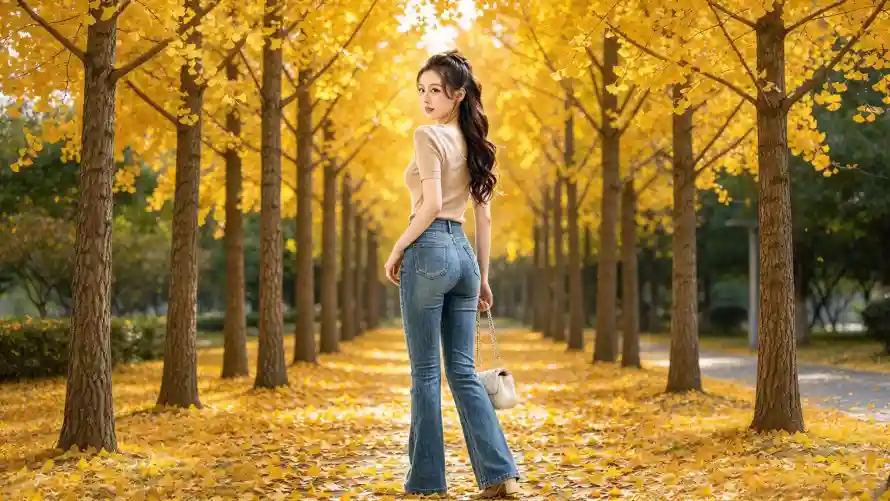 2k回头壁纸-秋日 - 美女-落叶「哲风壁纸」