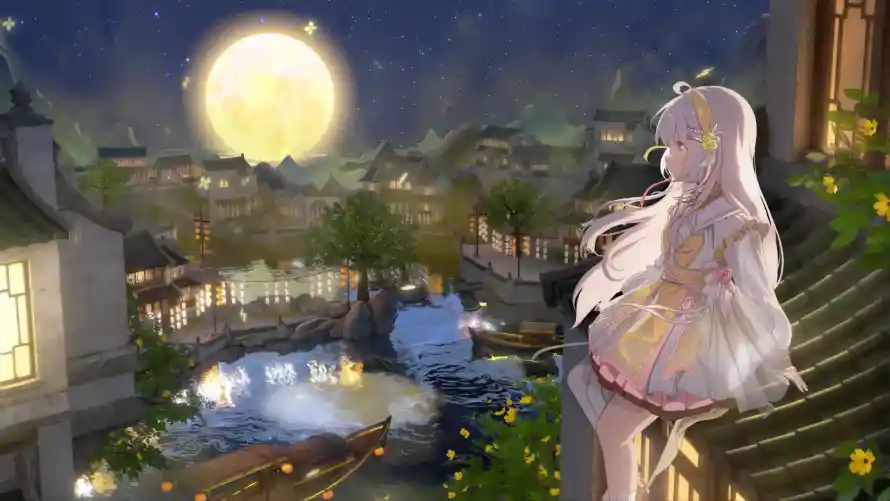 4k中秋壁纸 - 古镇 - 夜景 - 少女「哲风壁纸」