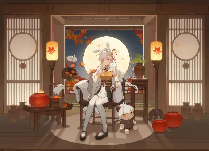 5k中秋壁纸-国风 - 夜晚-木椅「哲风壁纸」