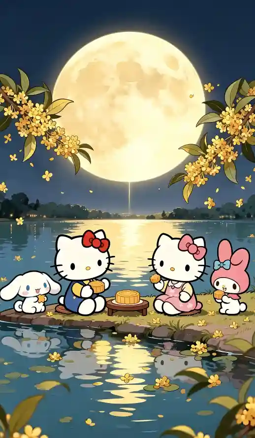4k夜晚壁纸 - 月饼 - 桂花 - 湖畔「哲风壁纸」