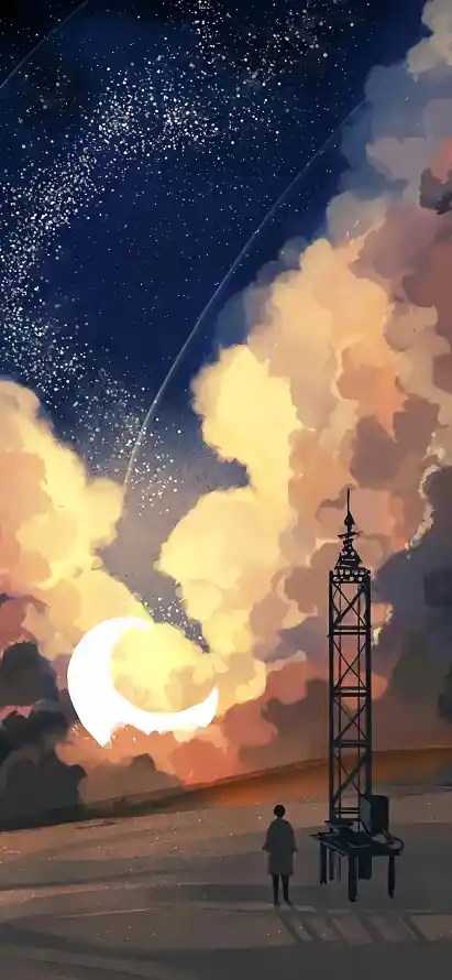 4k夜景壁纸 - 天台 - 弯月 - 插画「哲风壁纸」