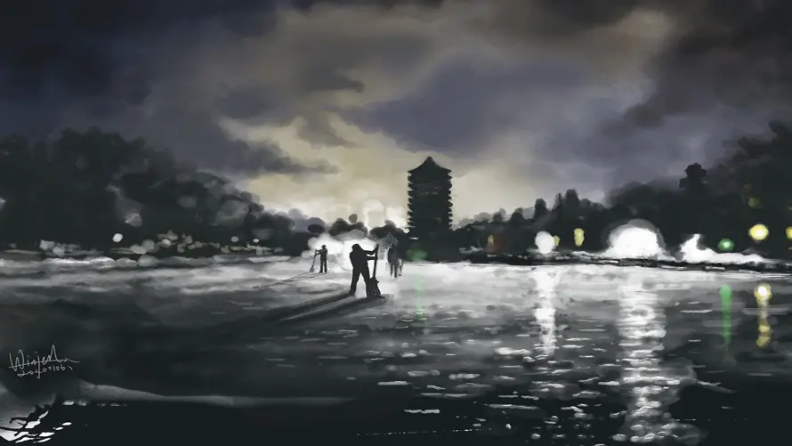 3k塔影壁纸-夜景 - 湖畔-路灯「哲风壁纸」