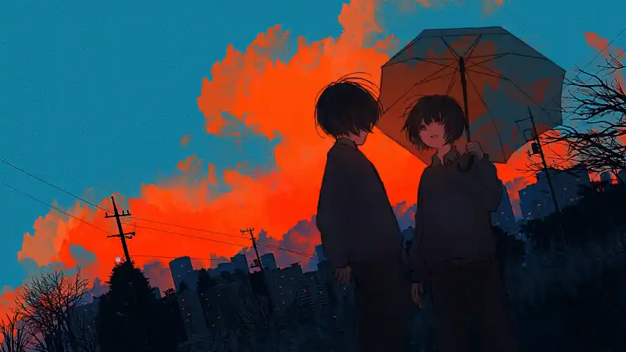 2k剪影壁纸-少女 - 少年-晚霞「哲风壁纸」