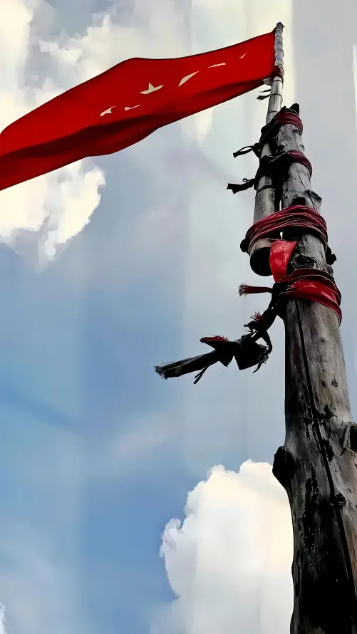 4k国旗壁纸 - 木杆 - 红旗 - 红绳「哲风壁纸」
