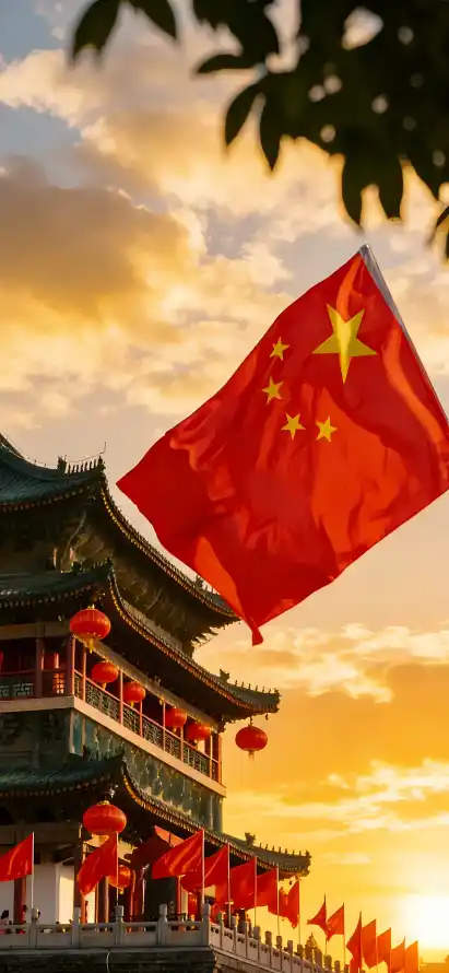 4k国庆壁纸 - 夕阳 - 天空 - 旗帜「哲风壁纸」