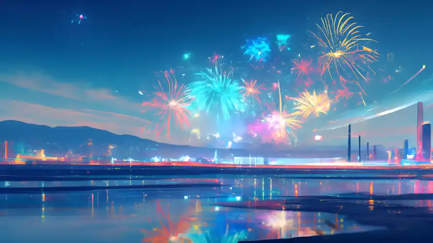 4k夜空壁纸-暮色 - 水岸-烟花「哲风壁纸」