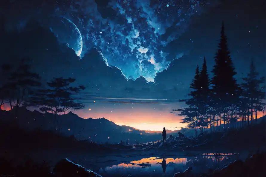 2k倒影壁纸-夜空 - 山峦-弯月「哲风壁纸」