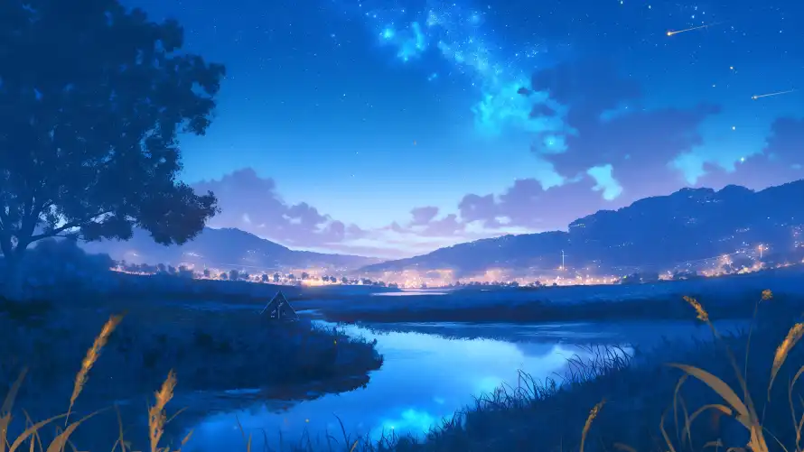 4k夜景壁纸-星空 - 河流-芦苇「哲风壁纸」