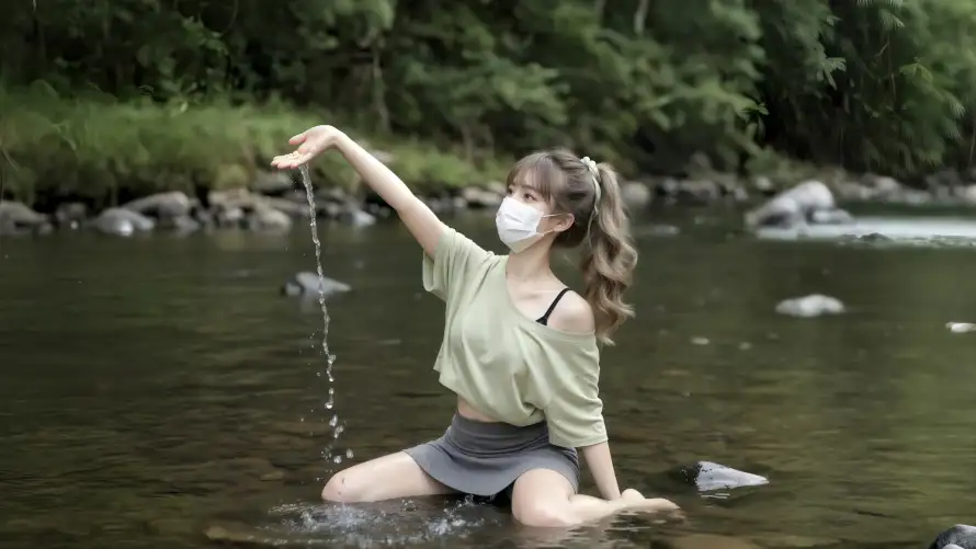 2k口罩壁纸-女神 - 岩石-戏水「哲风壁纸」