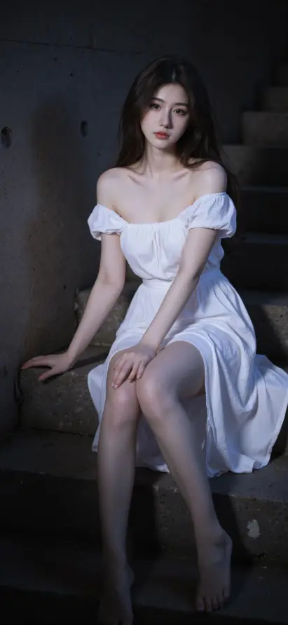 4k坐姿壁纸 - 暗调 - 白裙 - 美女「哲风壁纸」