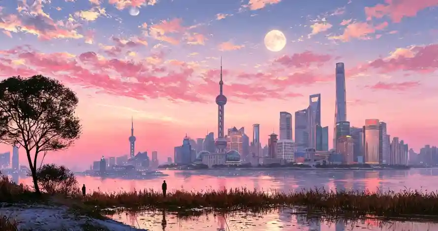 4k上海壁纸 - 晚霞 - 月亮 - 树影「哲风壁纸」 4k上海壁纸 - 晚霞 - 月亮 - 树影「哲风壁纸」