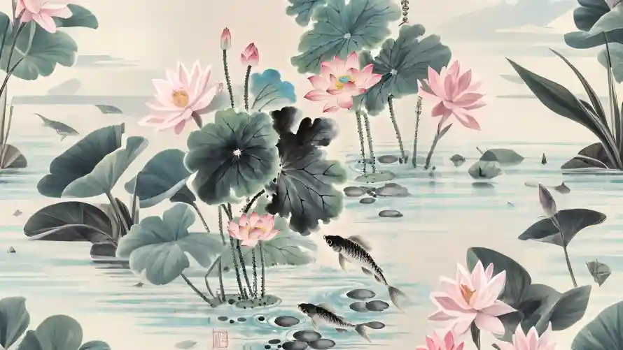 4k国风壁纸-池塘 - 淡雅-游鱼「哲风壁纸」