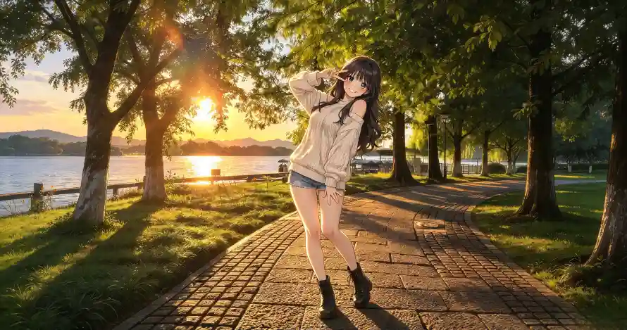 3k动漫壁纸-夕阳 - 树影-湖畔「哲风壁纸」