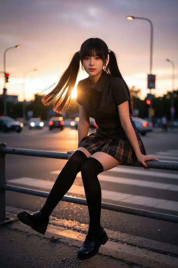 4k夕阳壁纸 - 护栏 - 美女 - 街头「哲风壁纸」