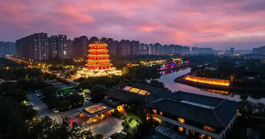 3k夜景壁纸-晚霞 - 楼阁-河流「哲风壁纸」