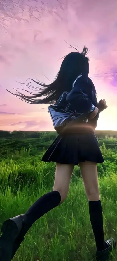4k夕阳壁纸 - 美女 - 背影 - 草地「哲风壁纸」