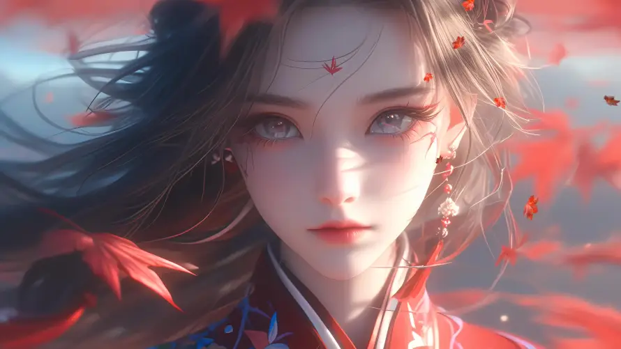 4k古风壁纸-国风 - 少女-枫叶「哲风壁纸」