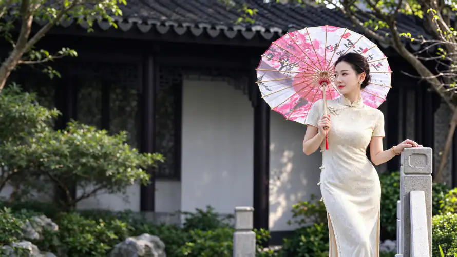 4k盘发壁纸 - 油纸伞 - 东方女性 - 中式园林「哲风壁纸」