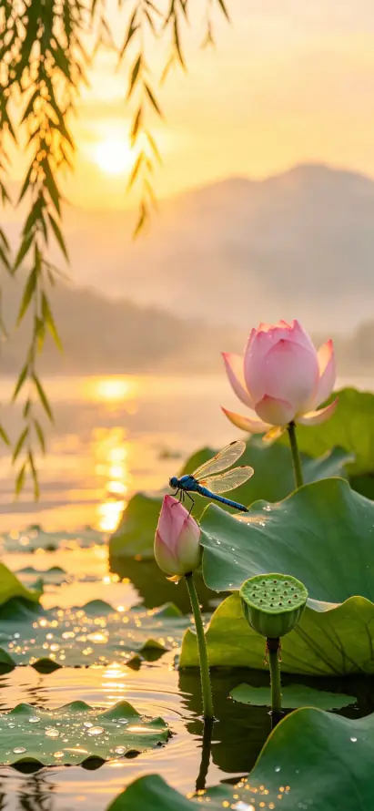 4k倒影壁纸 - 垂柳 - 夏日 - 夕阳「哲风壁纸」