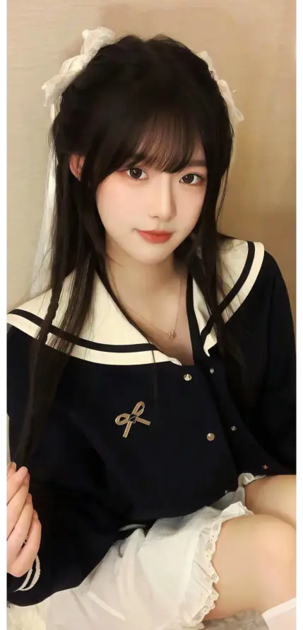 4k坐姿壁纸 - 甜美 - 水手服 - 白丝带「哲风壁纸」