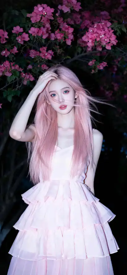 4k夜景壁纸 - 粉发 - 红花 - 美女「哲风壁纸」