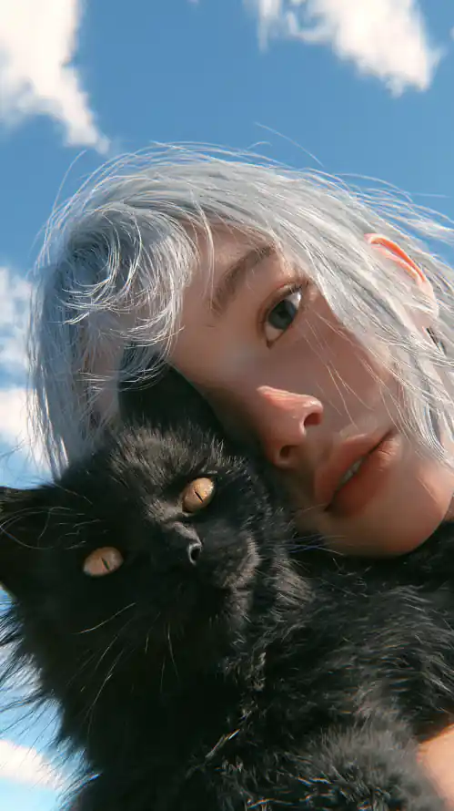4k仰拍壁纸 - 猫 - 天空 - 少女「哲风壁纸」