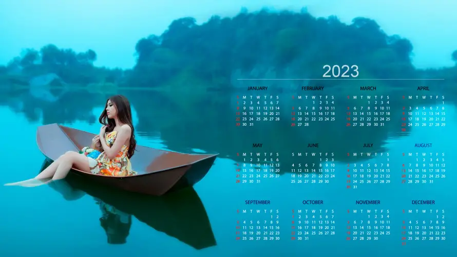 2k日历壁纸-蓝色背景 - 湖-2023（年）「哲风壁纸」
