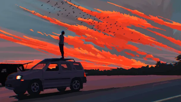 4k绘画壁纸-红色的天空和车-热门的壁纸「哲风壁纸」