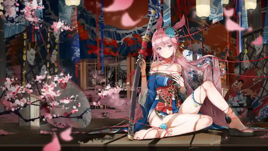 6k花瓣壁纸-武士刀与菩提-动漫女孩免费下载「哲风壁纸」