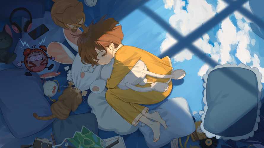 4k侧卧壁纸-动漫女孩与猫-闭着眼睛壁纸分享「哲风壁纸」