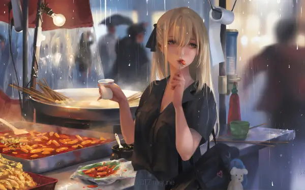 2k杯子壁纸-金泰俊与吃-动漫女孩吃东西「哲风壁纸」
