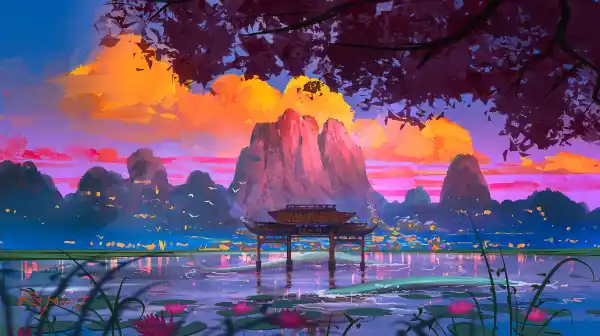 2k睡莲壁纸-鸟居 - 自然-壁纸分享「哲风壁纸」
