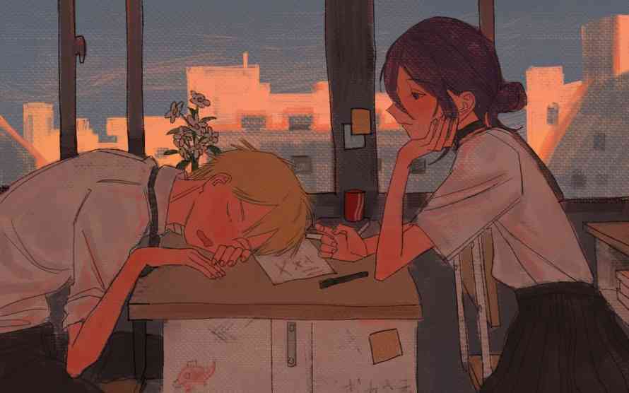 3k日落壁纸-电锯人和校服-动漫女孩免费下载「哲风壁纸」