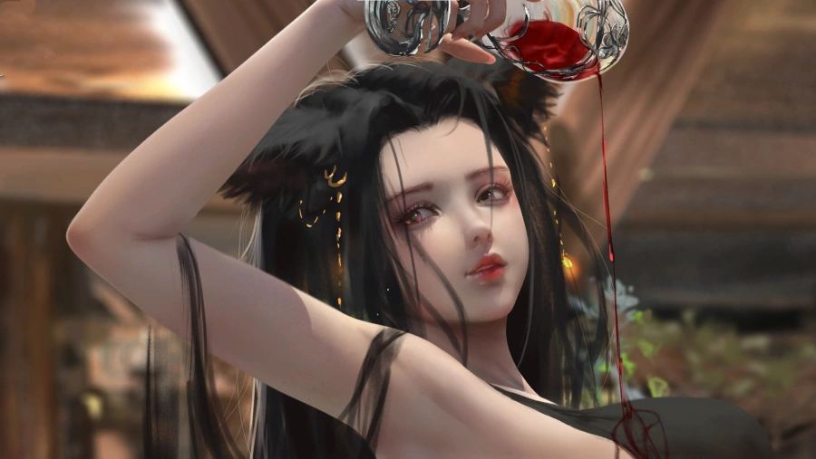 2k浇注壁纸-喝壁纸-葡萄酒-狐狸女孩「哲风壁纸」