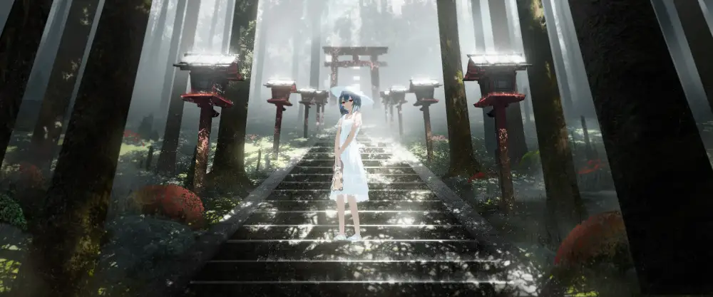5k割裂壁纸-光背景-少女图片-神社「哲风壁纸」