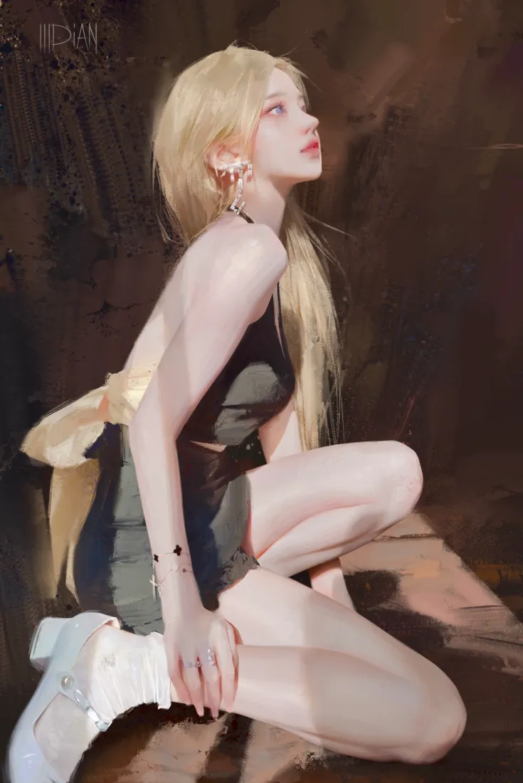 《油画》手机壁纸-望着天空-金发美女「哲风壁纸」