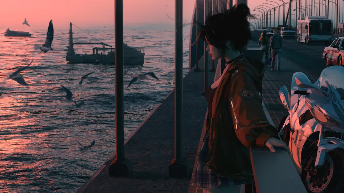 4k桥边看海壁纸-海背景图片 - 看海的女孩壁纸 - 粉色的海洋「哲风壁纸」