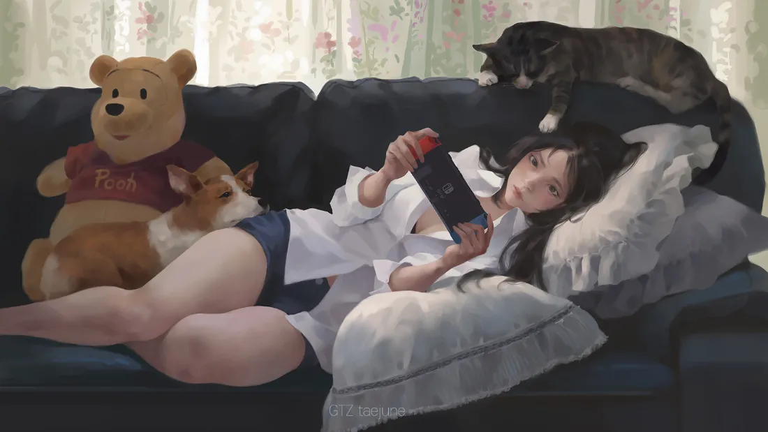 2k猫咪壁纸-躺在沙发的美女壁纸 - 美图合集「哲风壁纸」