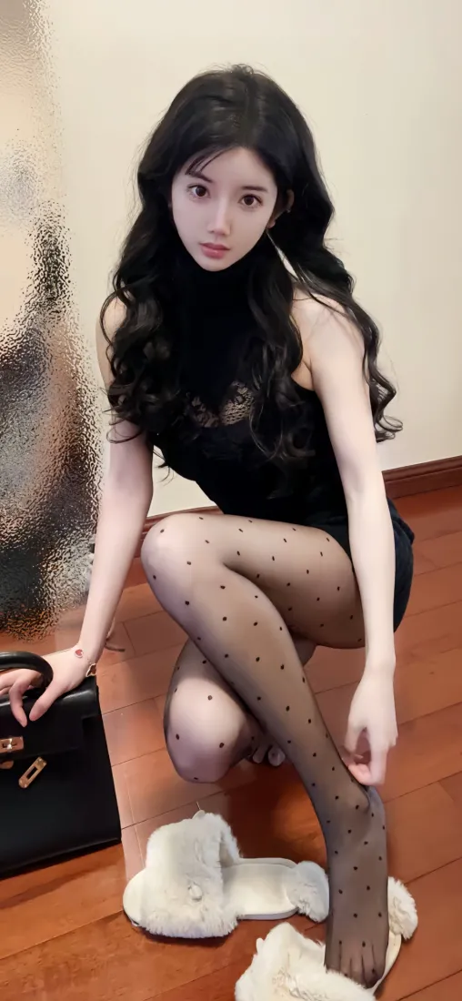 黑丝美女蹲姿性感写真壁纸 - 美女黑丝「哲风壁纸」