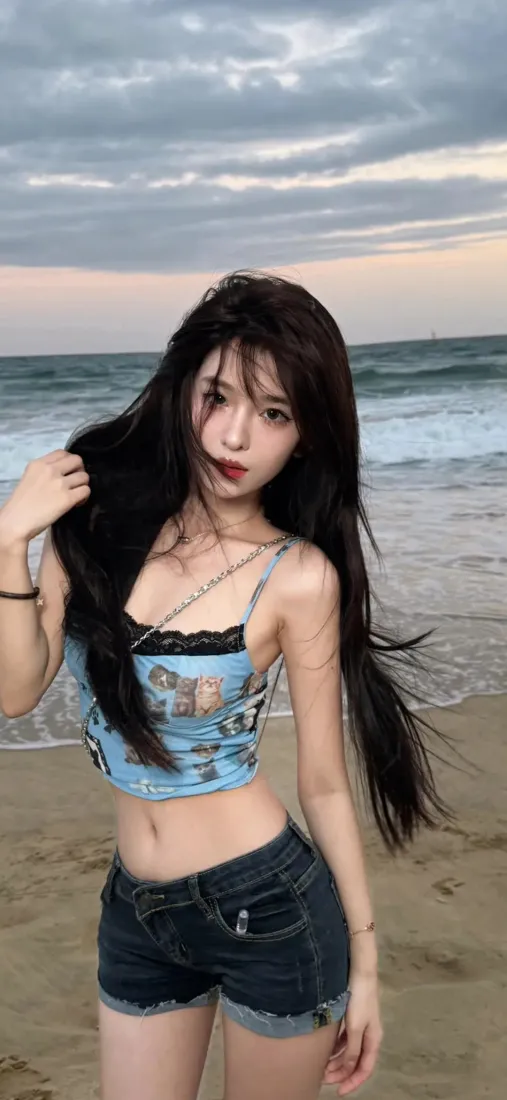性感吊带美女海边短裤壁纸｜高清背景图片「哲风壁纸」