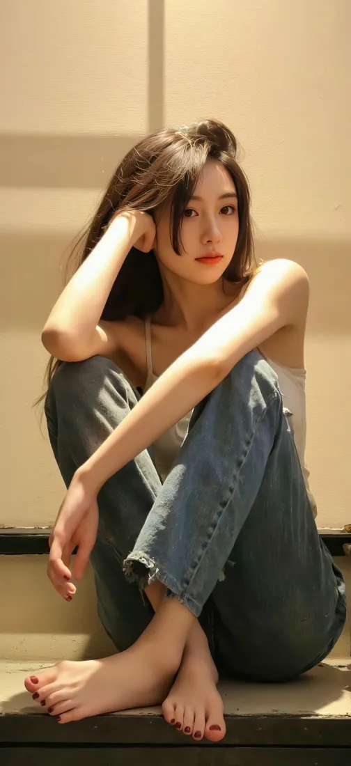 美女坐姿壁纸｜牛仔裤美女背景图片 - 时尚「哲风壁纸」