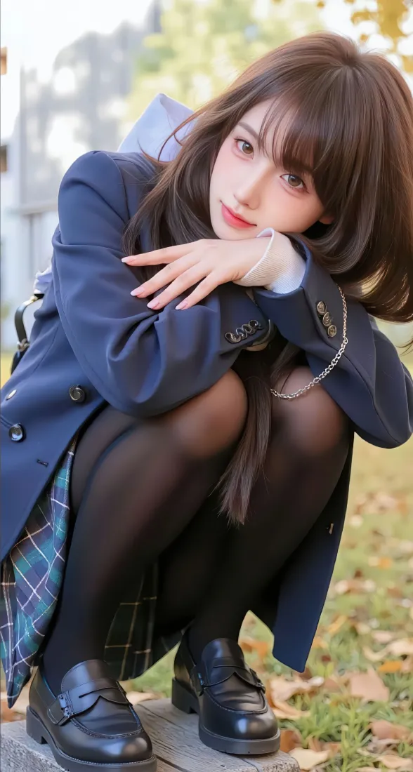 穿校服的美女蹲姿壁纸｜可爱女孩背景图片 - 学生「哲风壁纸」