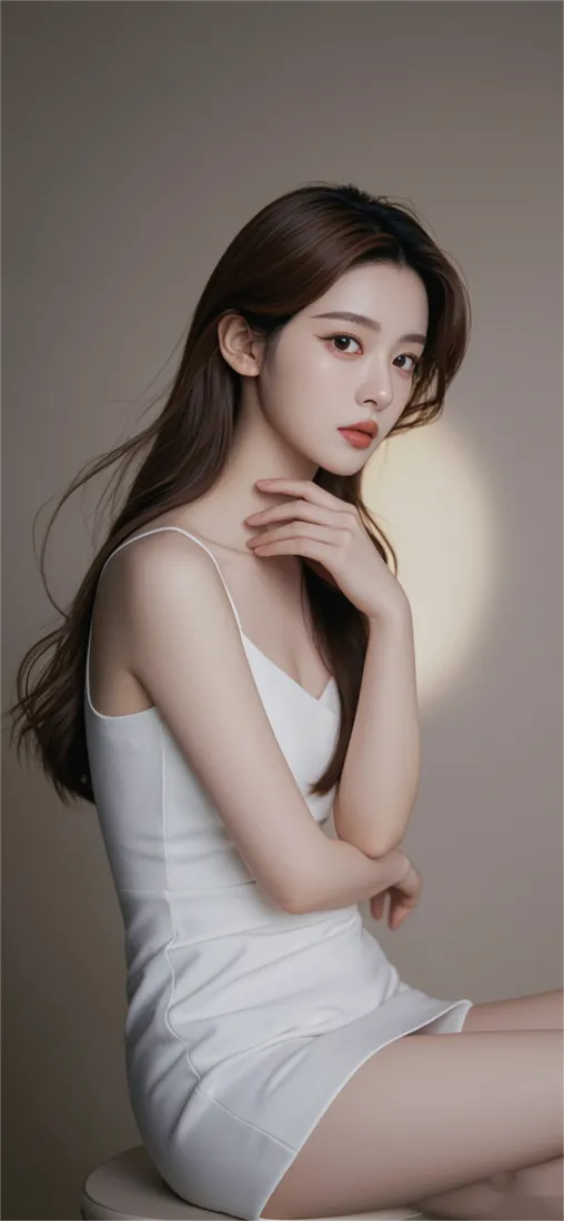 清纯美女白色吊带裙壁纸｜极简背景图片 - 美女「哲风壁纸」